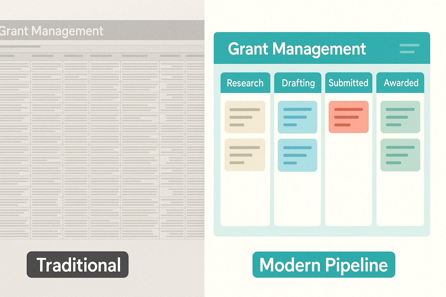 Visual comparison of old table-based grant tracking versus modern Kanban pipeline board with grant stages