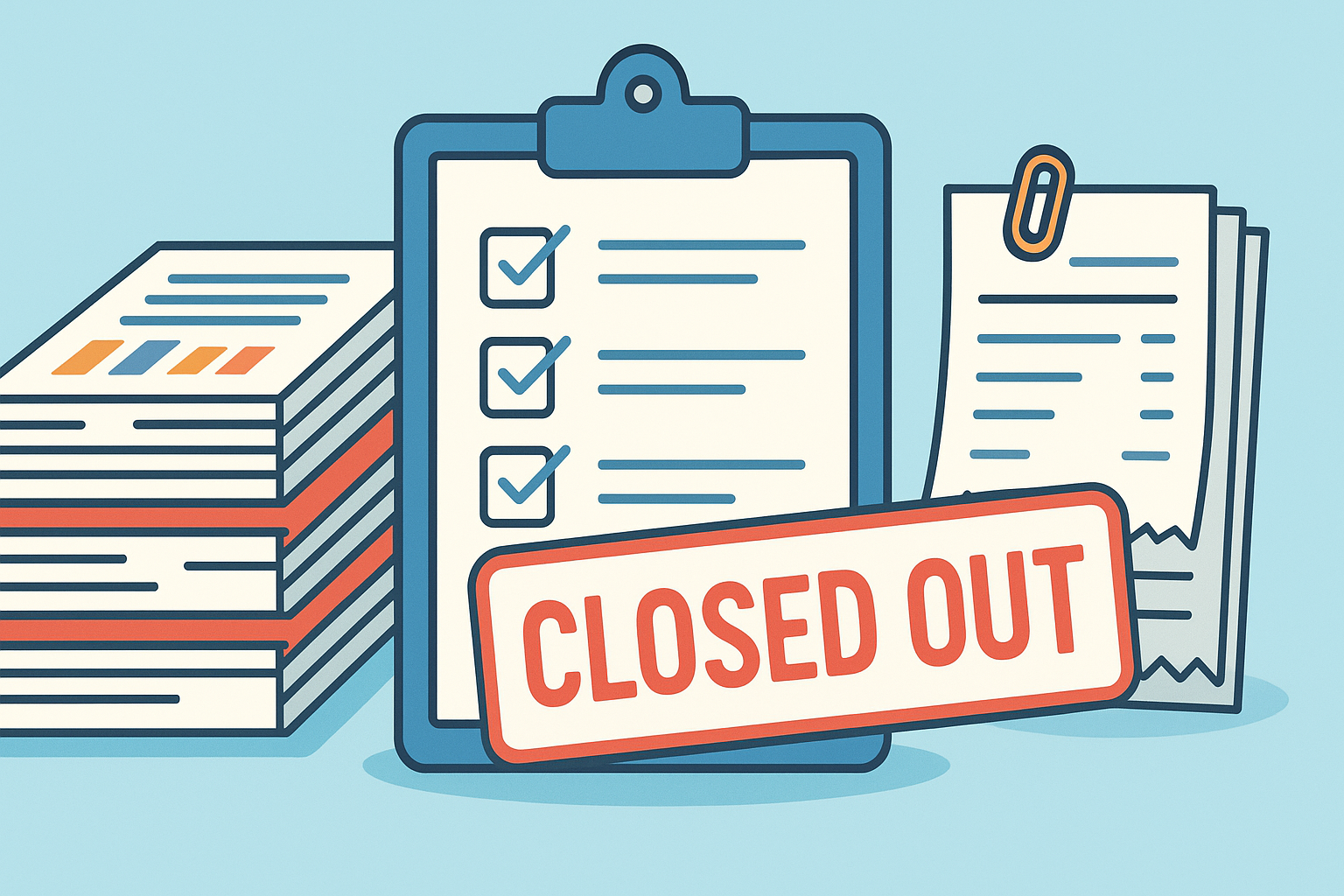 Closeout checklist with documents neatly organized and a celebratory stamp