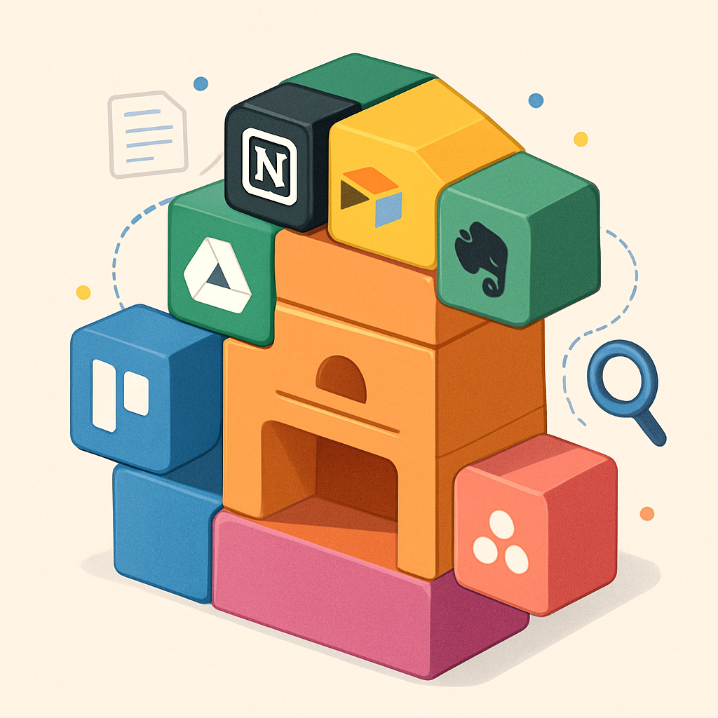 Various free software tool logos arranged as building blocks forming a grant proposal library system