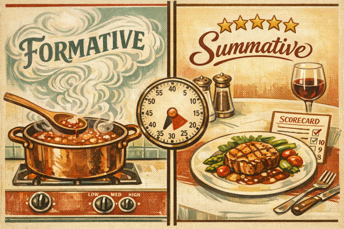 Formative vs summative evaluation illustrated as tasting soup while cooking vs reviewing the final dish