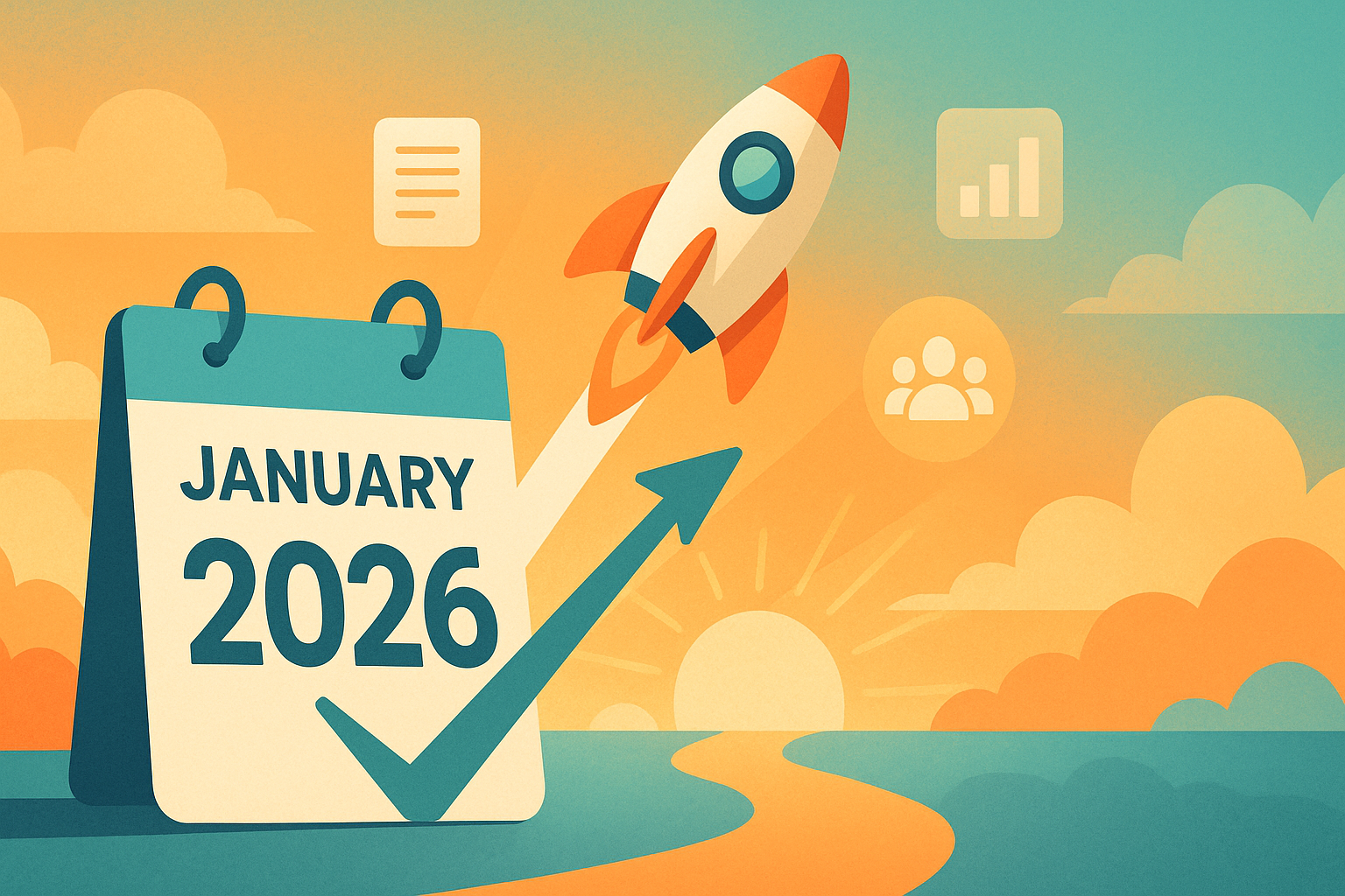 Illustrated calendar showing January 2026 with a rocket ship launching toward a bright horizon representing new grant management possibilities