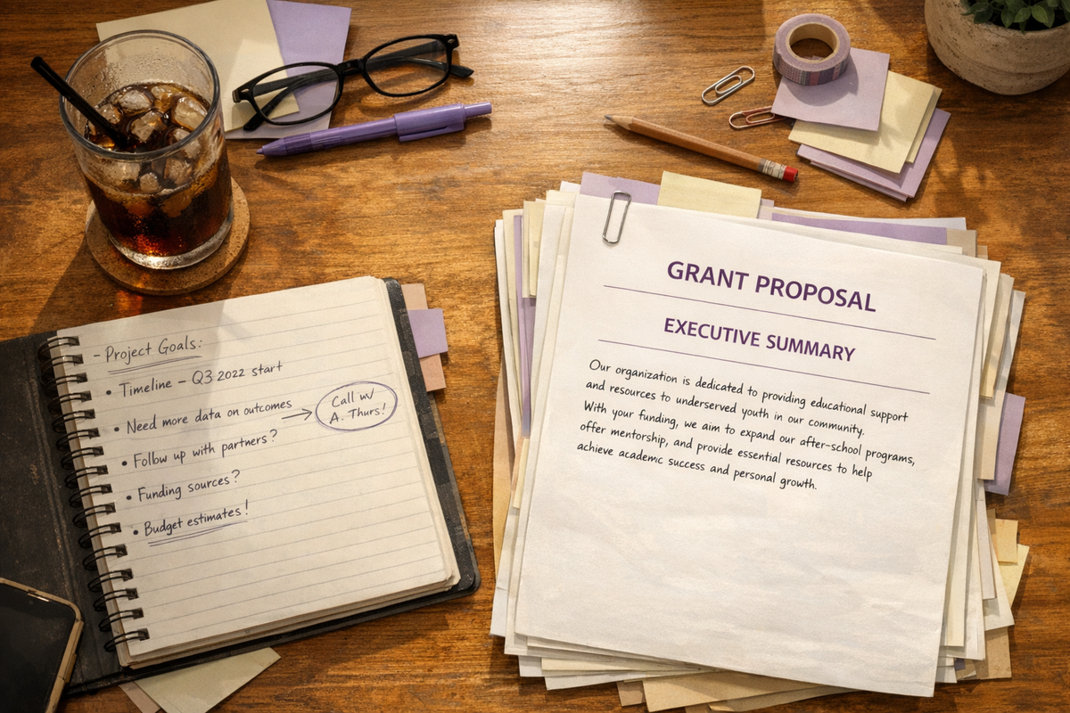 Program officer reviewing a stack of nonprofit grant proposals at a cluttered desk