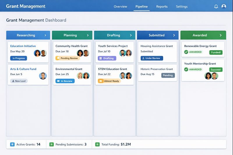 Alt text: Grant management dashboard example showing visual pipeline with grants organized by stage from research through award