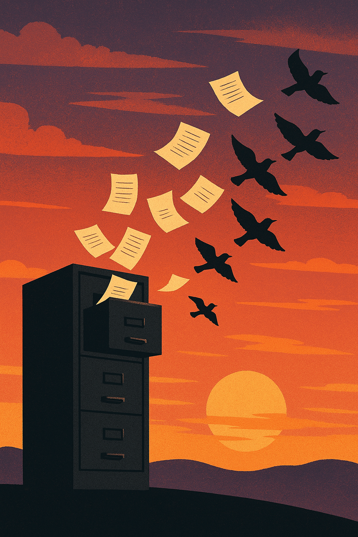 Illustrated sunset scene with a filing cabinet marked 'GrantHub' silhouetted against an orange sky, with documents floating away like birds