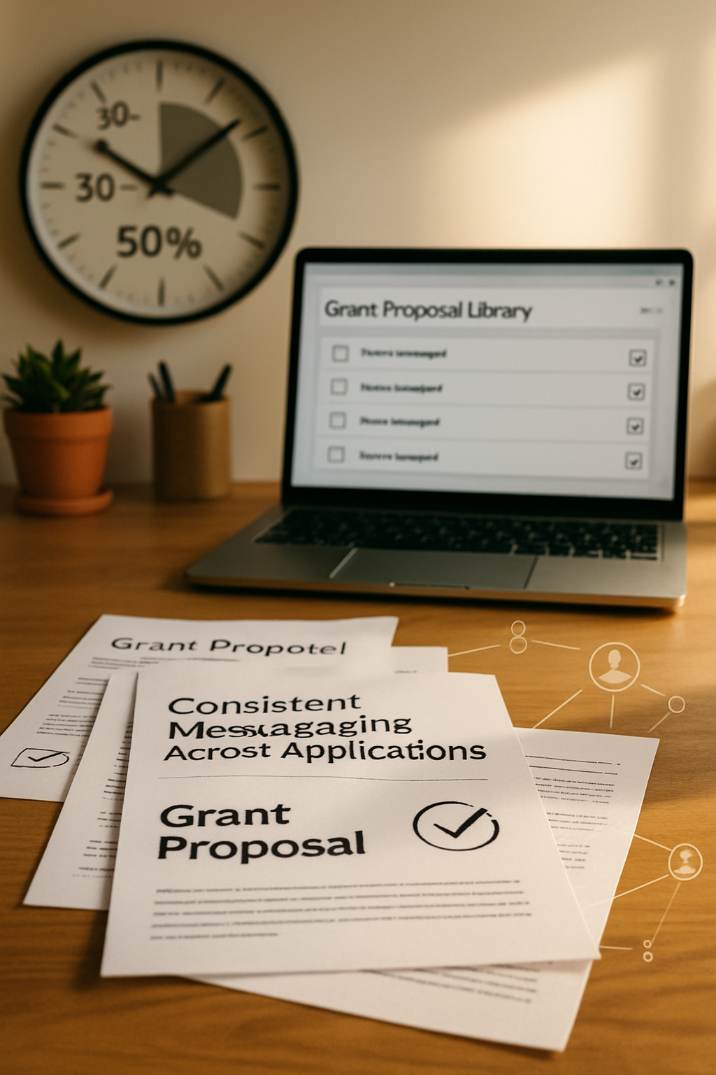 Infographic showing benefits of grant proposal library software including time savings, consistency, and institutional memory