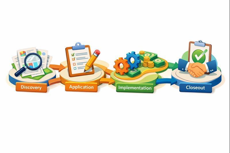 Alt text: Isometric illustration of four grant lifecycle phases connected in a workflow from discovery through closeout