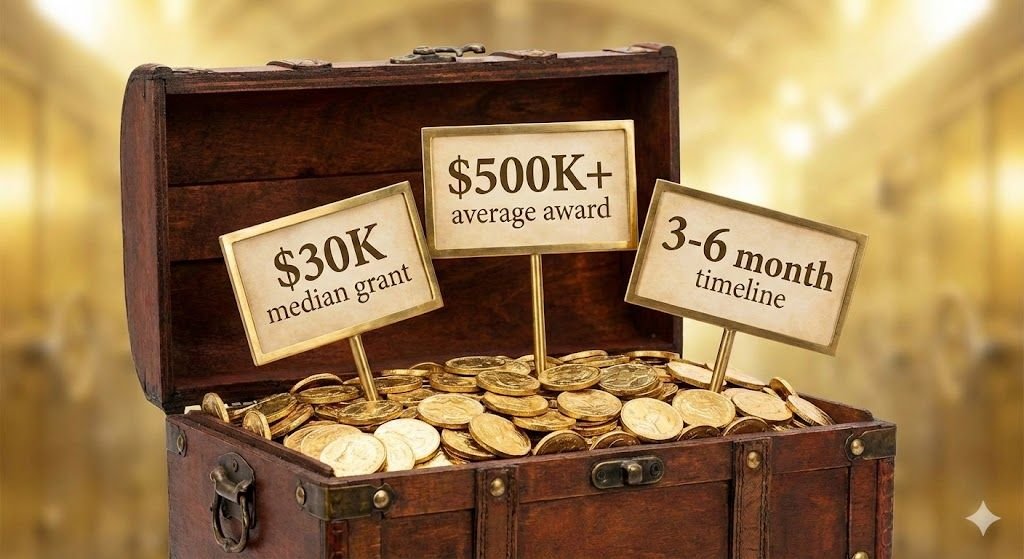 Open treasure chest overflowing with gold coins featuring three signs displaying key grant statistics: $30K median grant, $500K+ average award, and 3-6 month timeline