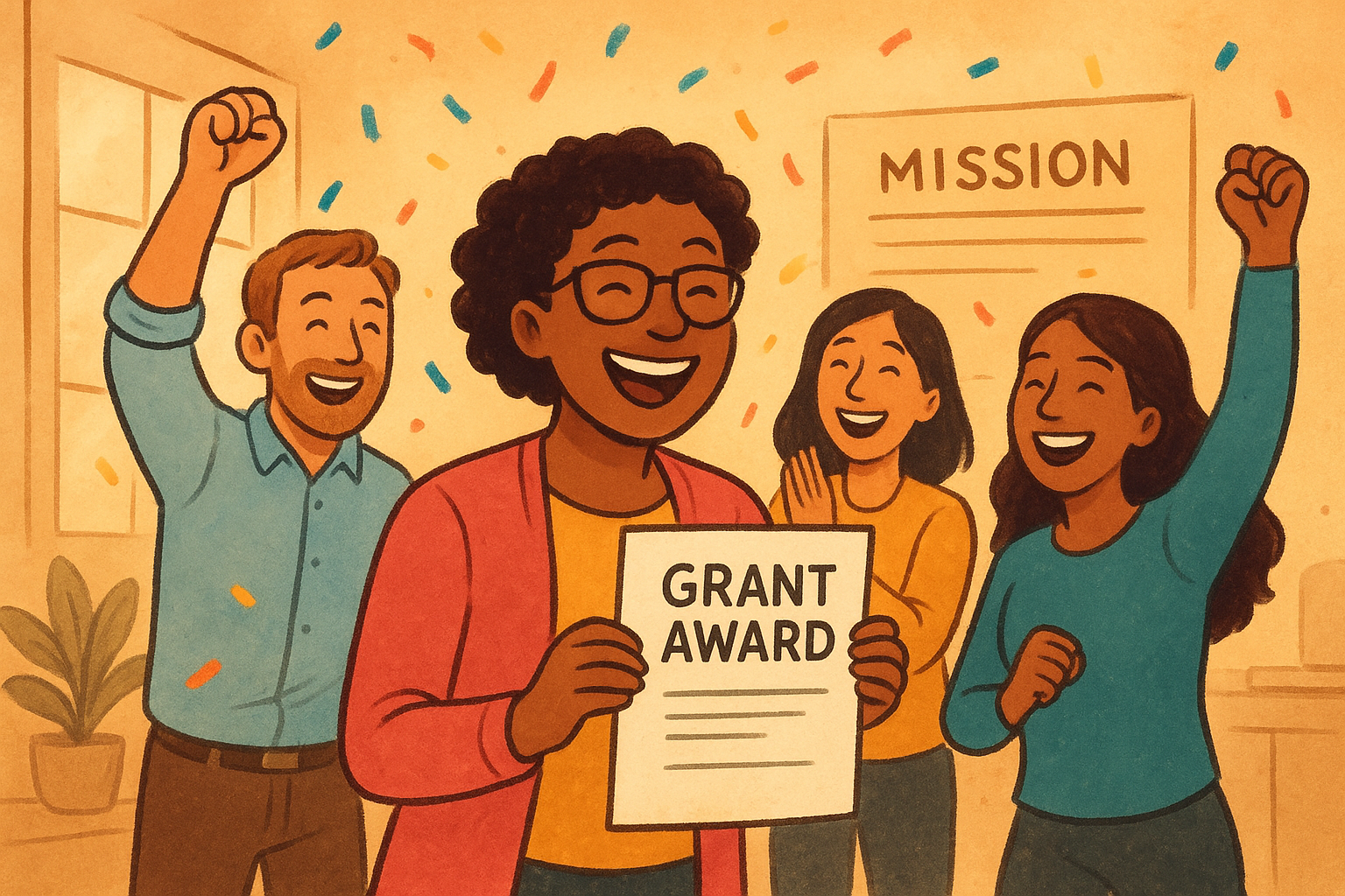 Celebratory illustration of a nonprofit team receiving a grant award letter with confetti and expressions of joy
