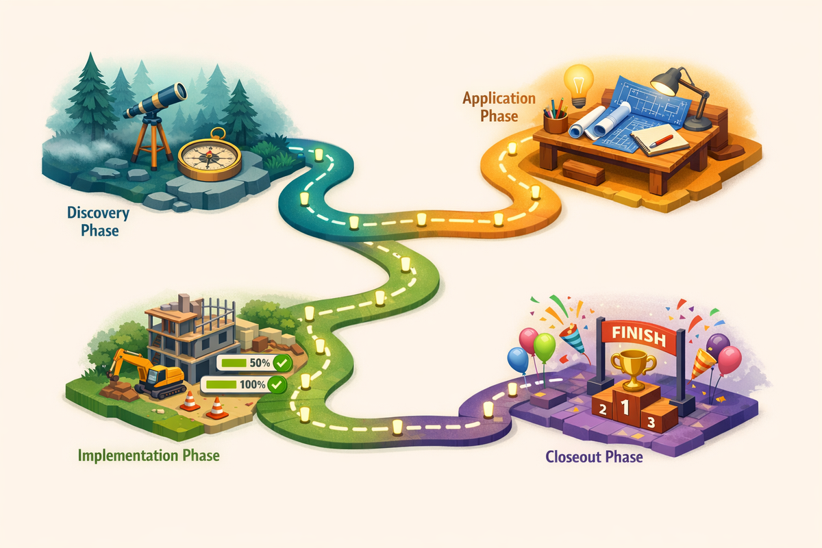 Abstract illustration representing the four phases of grant lifecycle management as a continuous journey