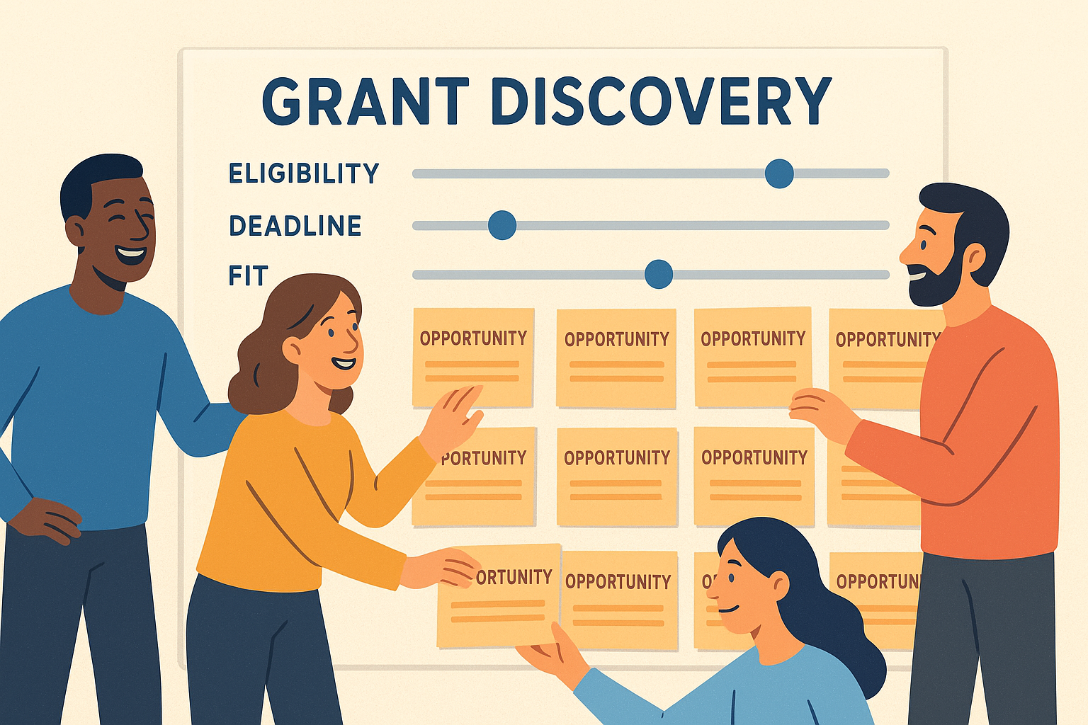 Grant discovery scene with opportunities being filtered like a recipe selection