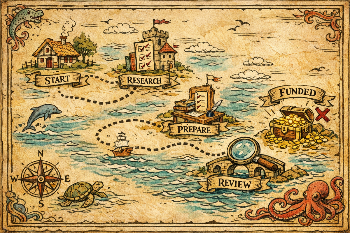 Grant writing journey illustrated as a treasure map with a clear path from start to funding