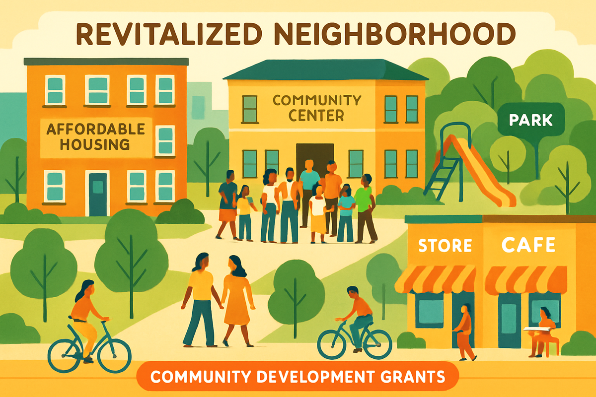 Aerial view of a thriving mixed-use neighborhood showing community parks, affordable housing, and local businesses representing successful community development