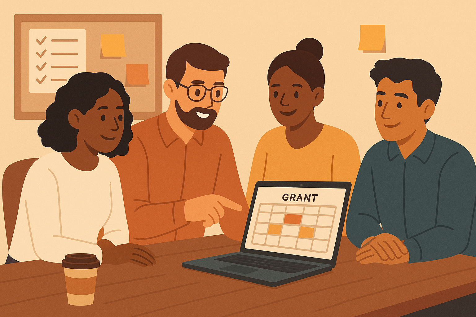 Nonprofit team members collaborating around a laptop, reviewing grant opportunities with a digital calendar and checklist visible on screen