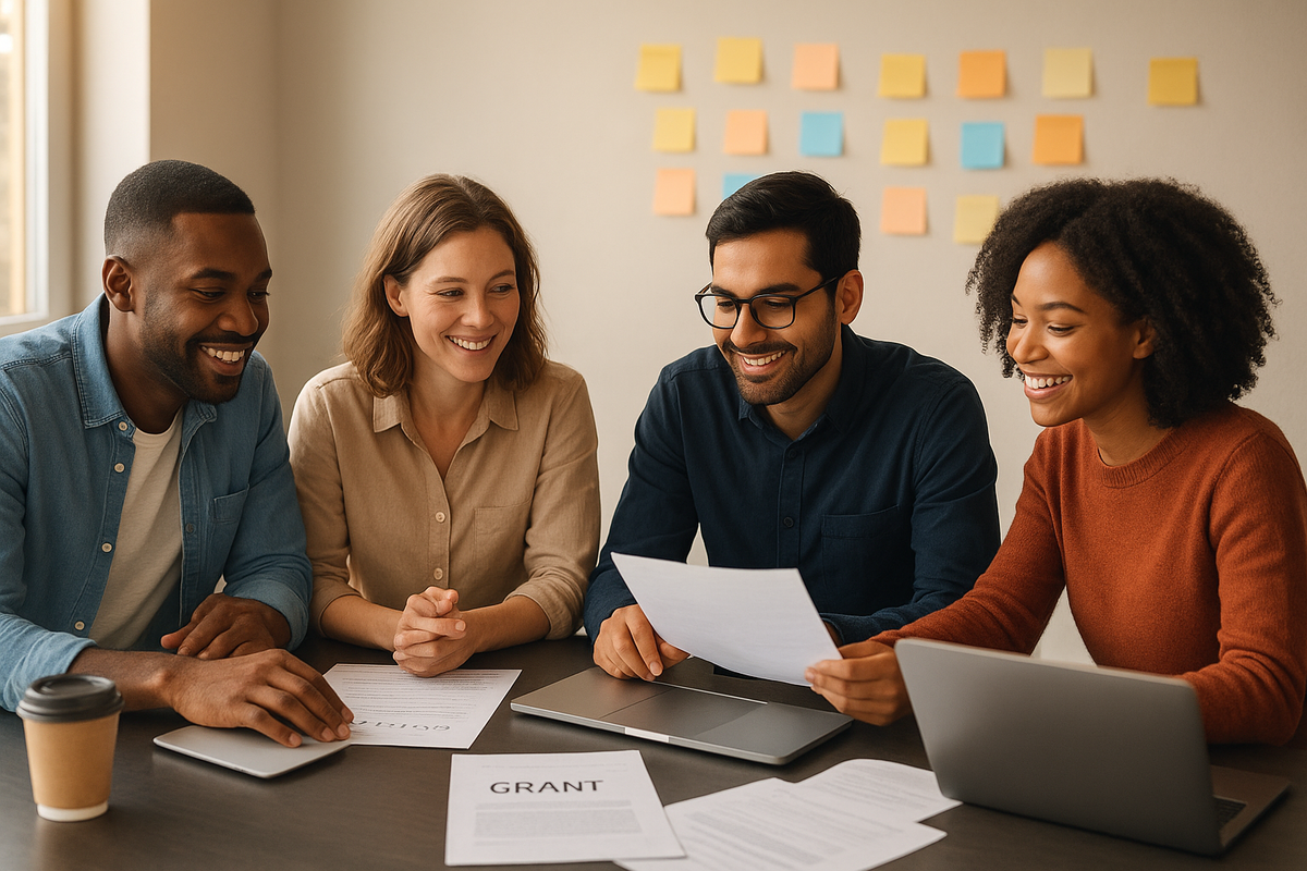 Nonprofit team collaborating around a table with laptops, documents, and coffee cups, working on a grant proposal together
