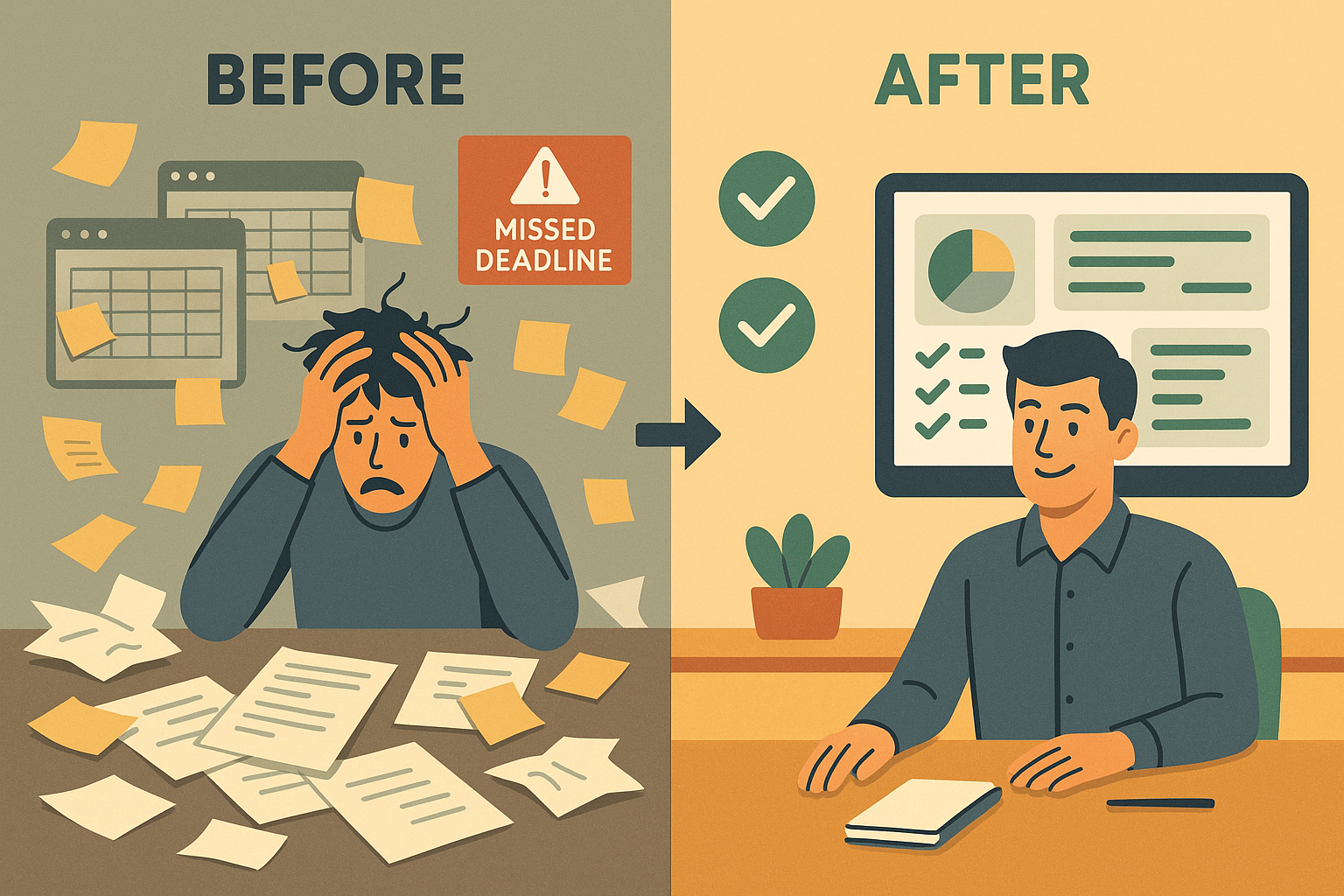 Comparison illustration showing chaotic grant management with scattered papers and spreadsheets versus organized grant management with a unified dashboard