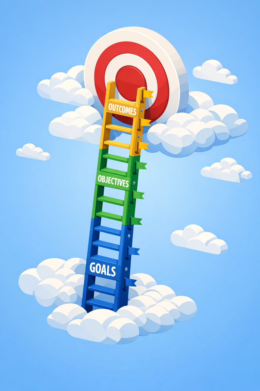 Goal-objective-outcome hierarchy illustrated as a ladder reaching toward a target