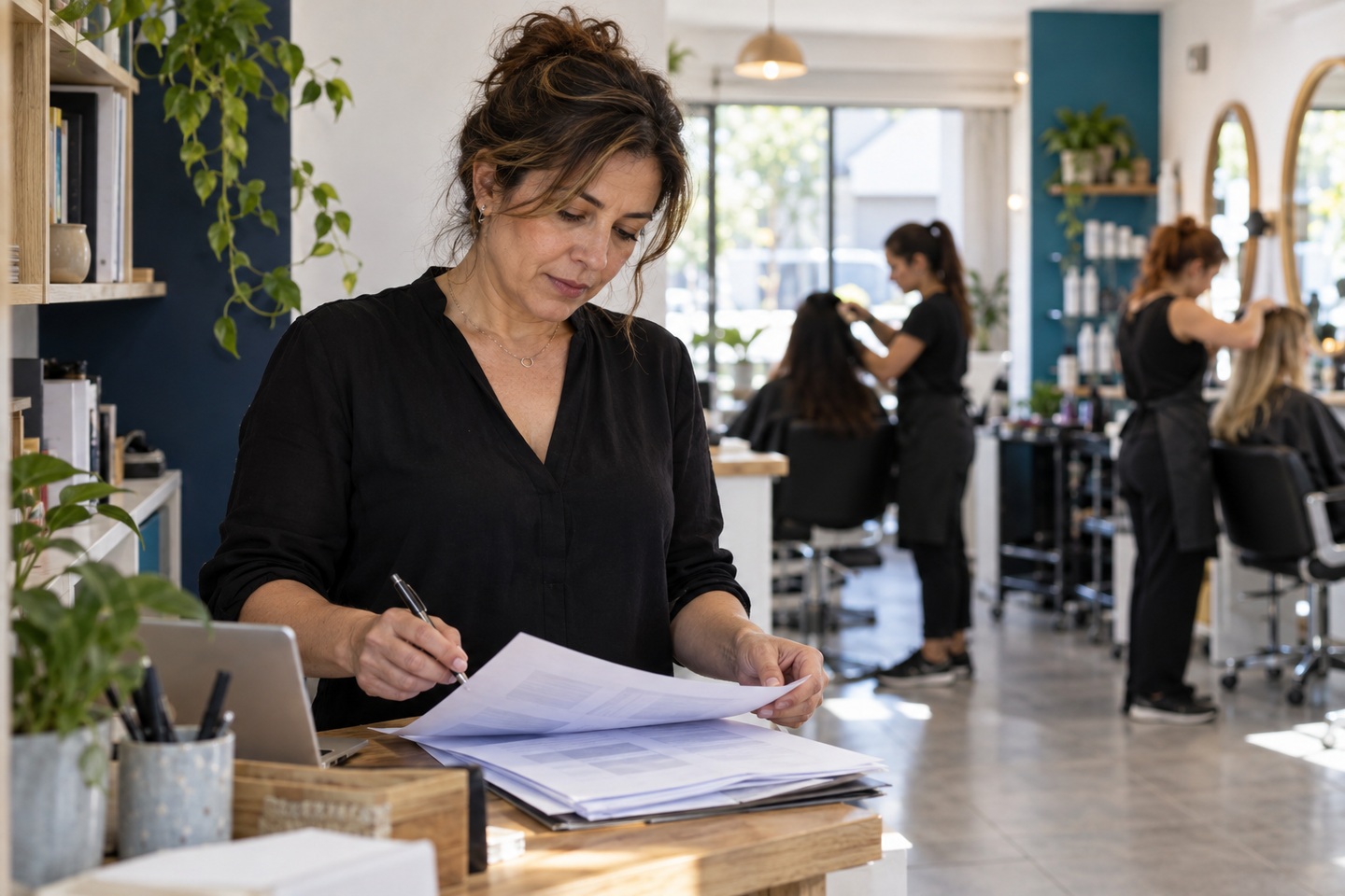 Dueña de un salón revisa un documento impreso en la trastienda mientras, al fondo, dos estilistas atienden a clientas
