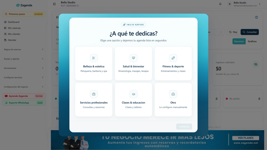 Pantalla ¿A qué te dedicas? con seis rubros y la tarjeta Belleza & estetica destacada