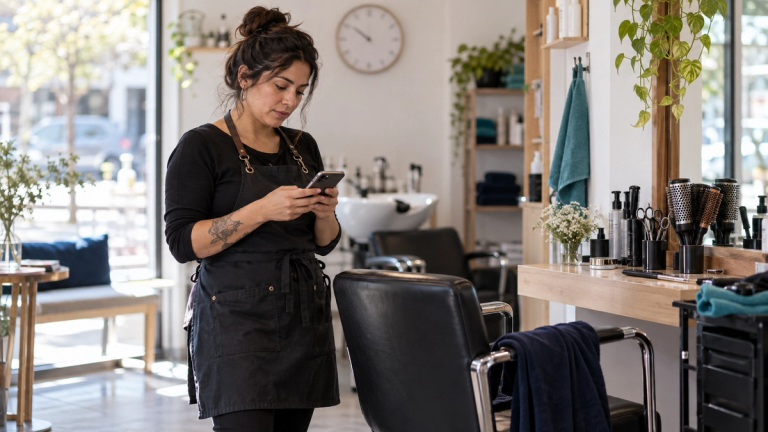 Estilista de pie junto a una silla de salón vacía y preparada, mirando su celular mientras espera a una clienta.