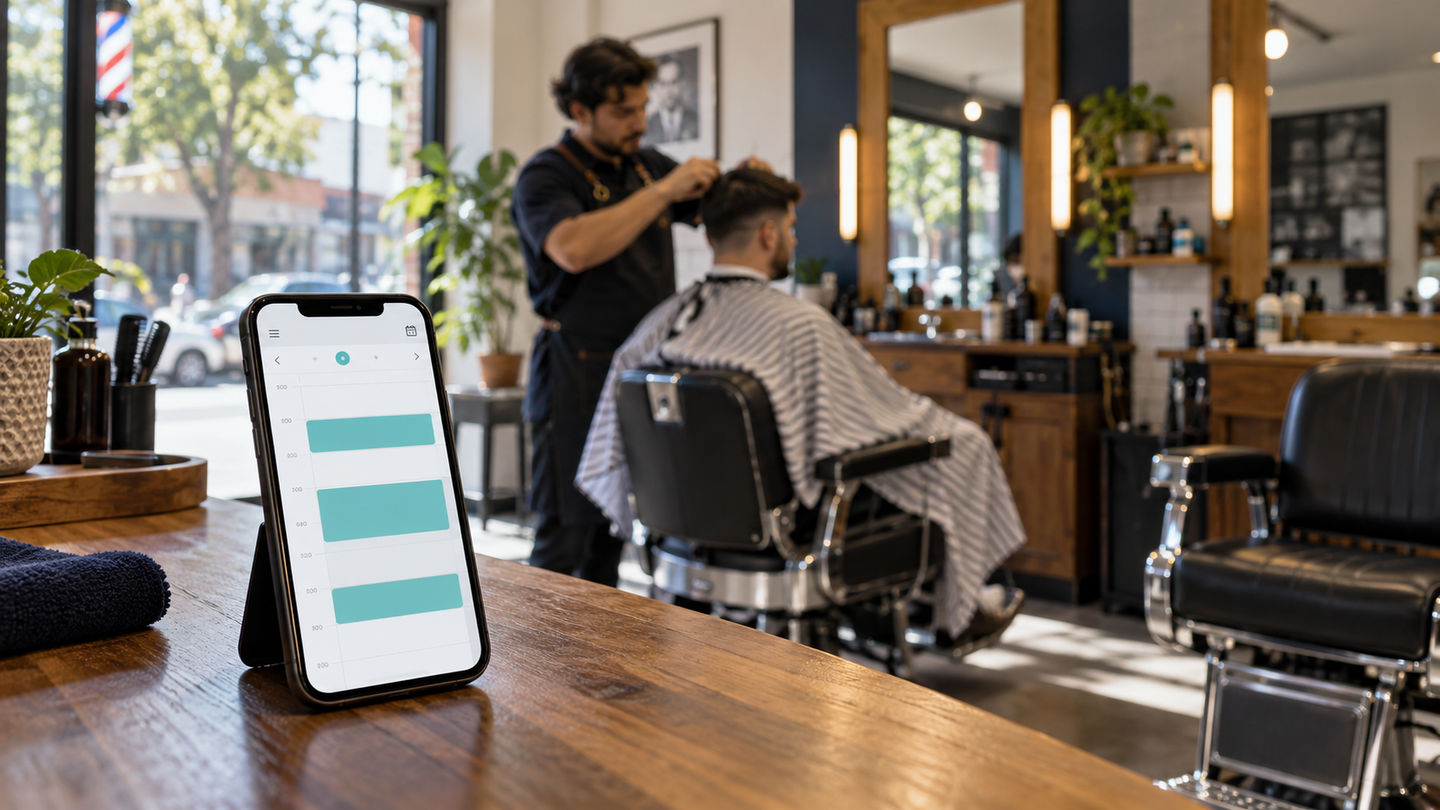 Celular con una agenda de reservas sobre el mesón de una barbería, con un barbero atendiendo al fondo y un sillón vacío