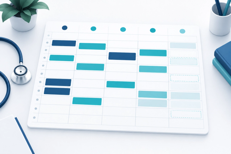 Ilustración de una agenda semanal de horas en la que algunos bloques aparecen ocupados y otros vacíos, con los bloques de fin de jornada y de fin de semana marcados de forma distinta.