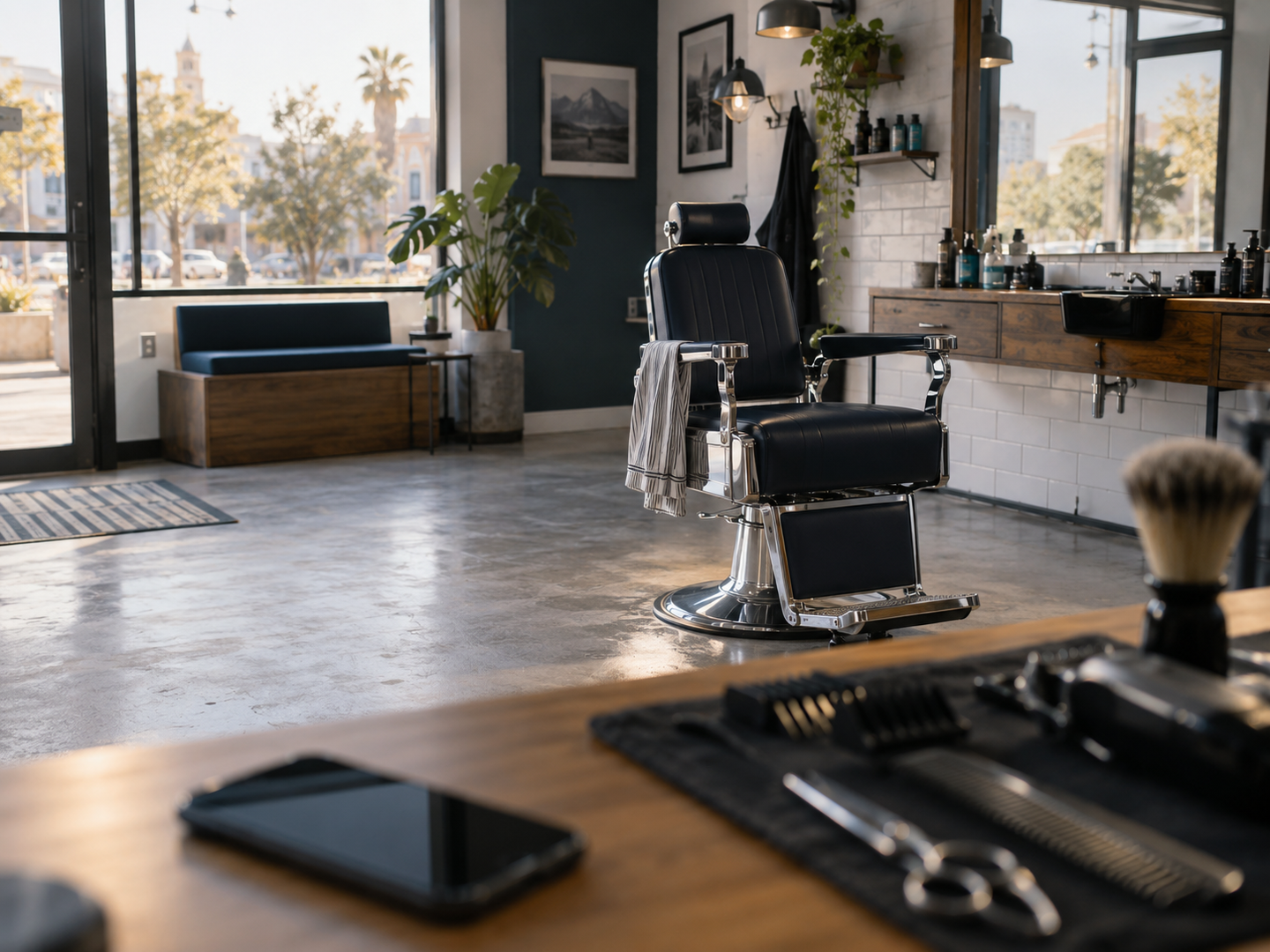 Silla de barbería vacía junto a un mesón con un celular y herramientas de barbero, iluminada por luz natural