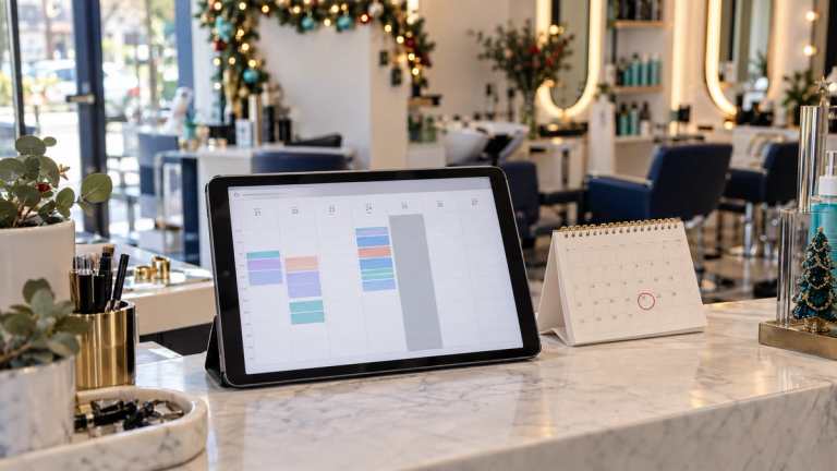 Tablet sobre el mesón de una peluquería con la agenda de la semana de Navidad: el viernes 25 bloqueado y el jueves 24 con horas solo hasta la tarde, junto a un calendario de papel con el 25 de diciembre marcado.