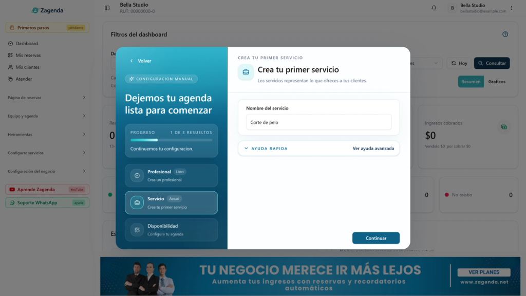 Paso Crea tu primer servicio con el campo Nombre del servicio destacado y el texto Corte de pelo sugerido