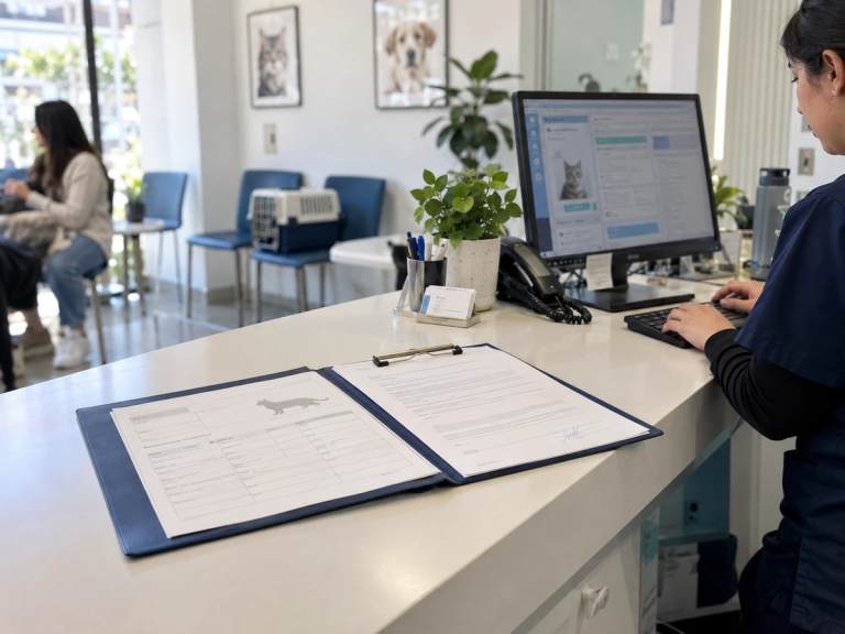 Mesón de recepción de una clínica veterinaria con una ficha clínica y un consentimiento firmado sobre el mostrador, junto a un computador con el historial del paciente.