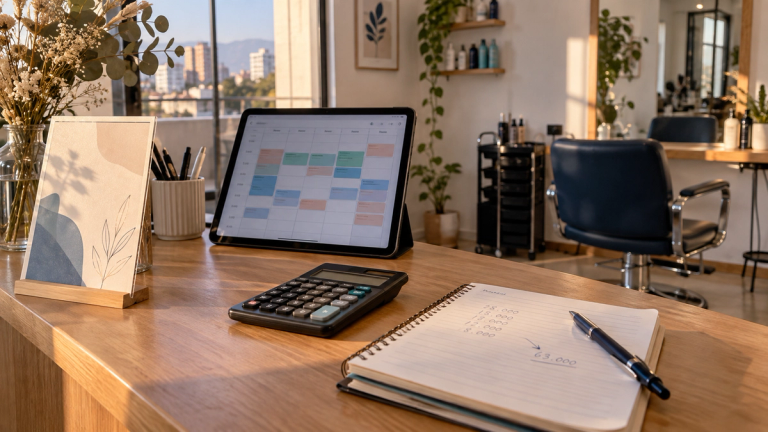 Mesón de recepción de un salón con una tarjeta de precios, una calculadora y una libreta con un cálculo a mano, y una tablet con la agenda semanal al fondo