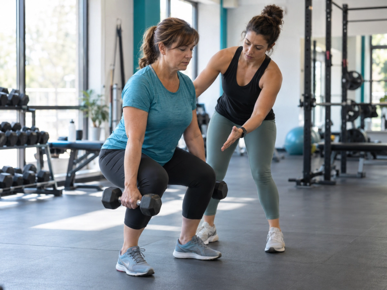 Una entrenadora corrige la técnica de una mujer adulta que realiza una sentadilla con mancuernas en un gimnasio.