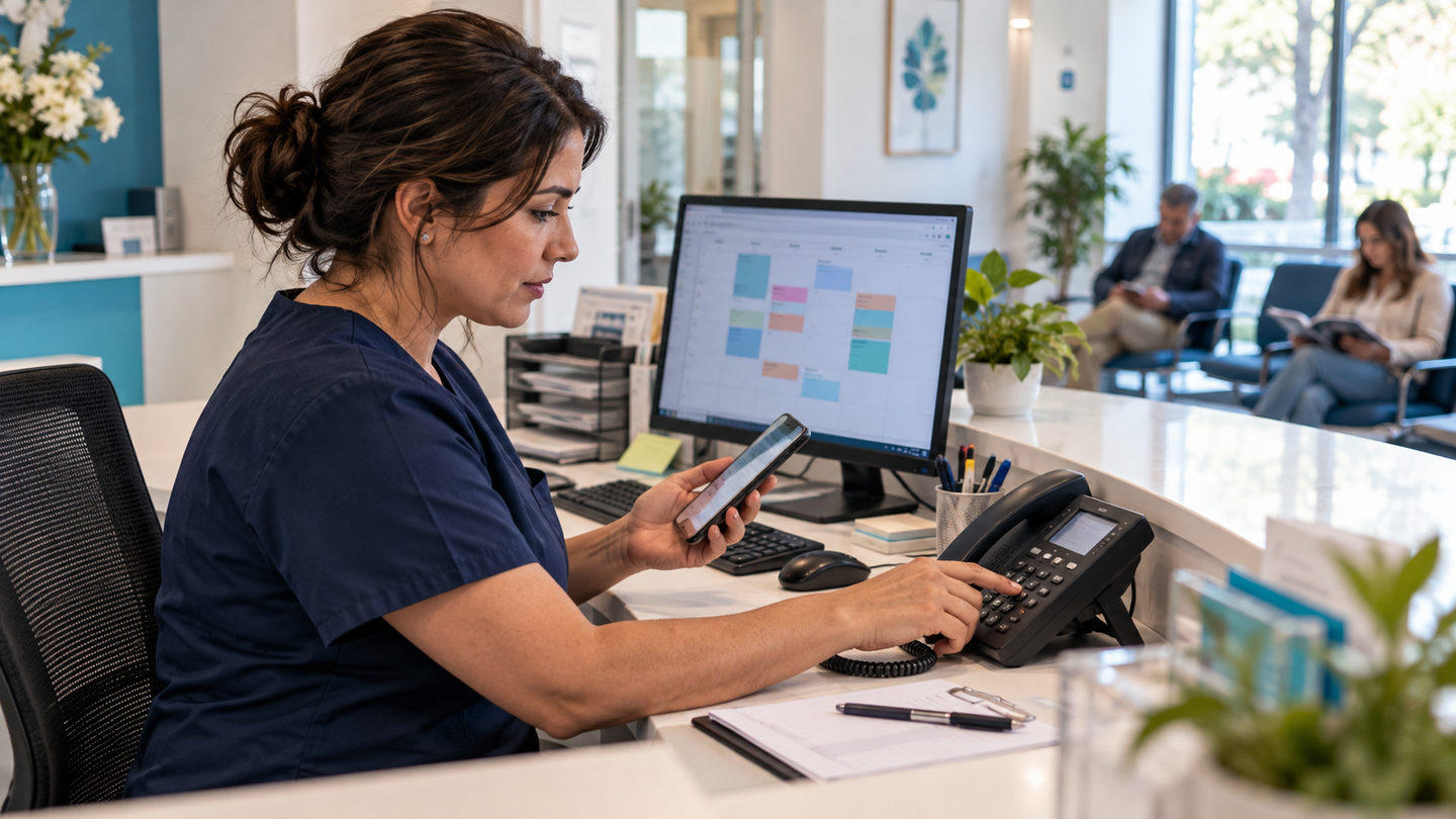 Administrativa en la recepción de un centro médico revisa un mensaje en su celular mientras marca en el teléfono fijo del escritorio; al lado, un monitor con la agenda de la semana.