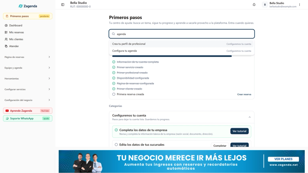 Buscador de Primeros pasos destacado, con la palabra agenda escrita y los temas relacionados debajo.