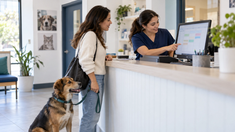 Recepcionista de una clínica veterinaria revisa la agenda en pantalla mientras una tutora con su perro espera en el mesón.