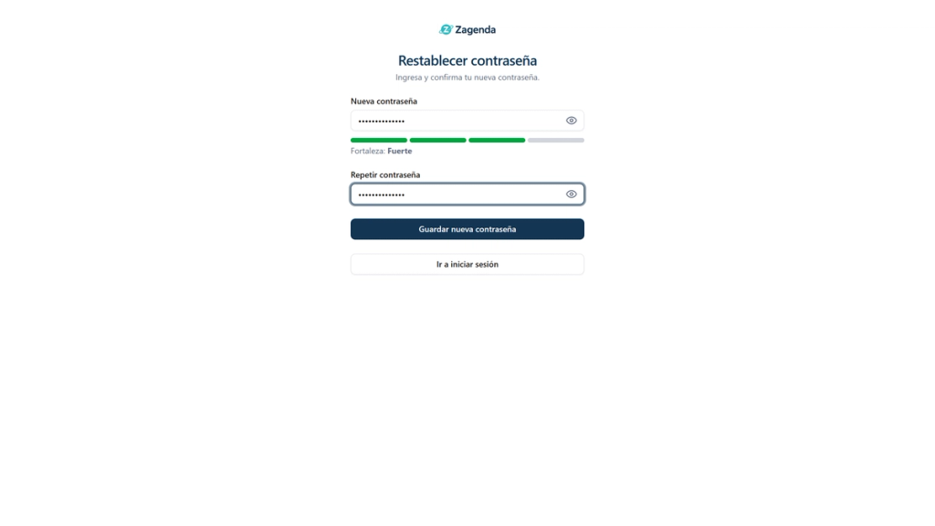 Pantalla Restablecer contraseña con los campos Nueva contraseña y Repetir contraseña completos y el indicador de fortaleza en Fuerte