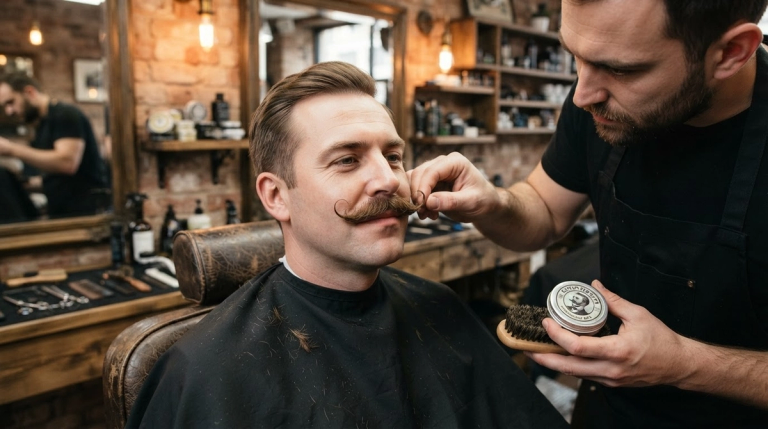 barbero cortando el bigote de estilo inglés a su cliente.