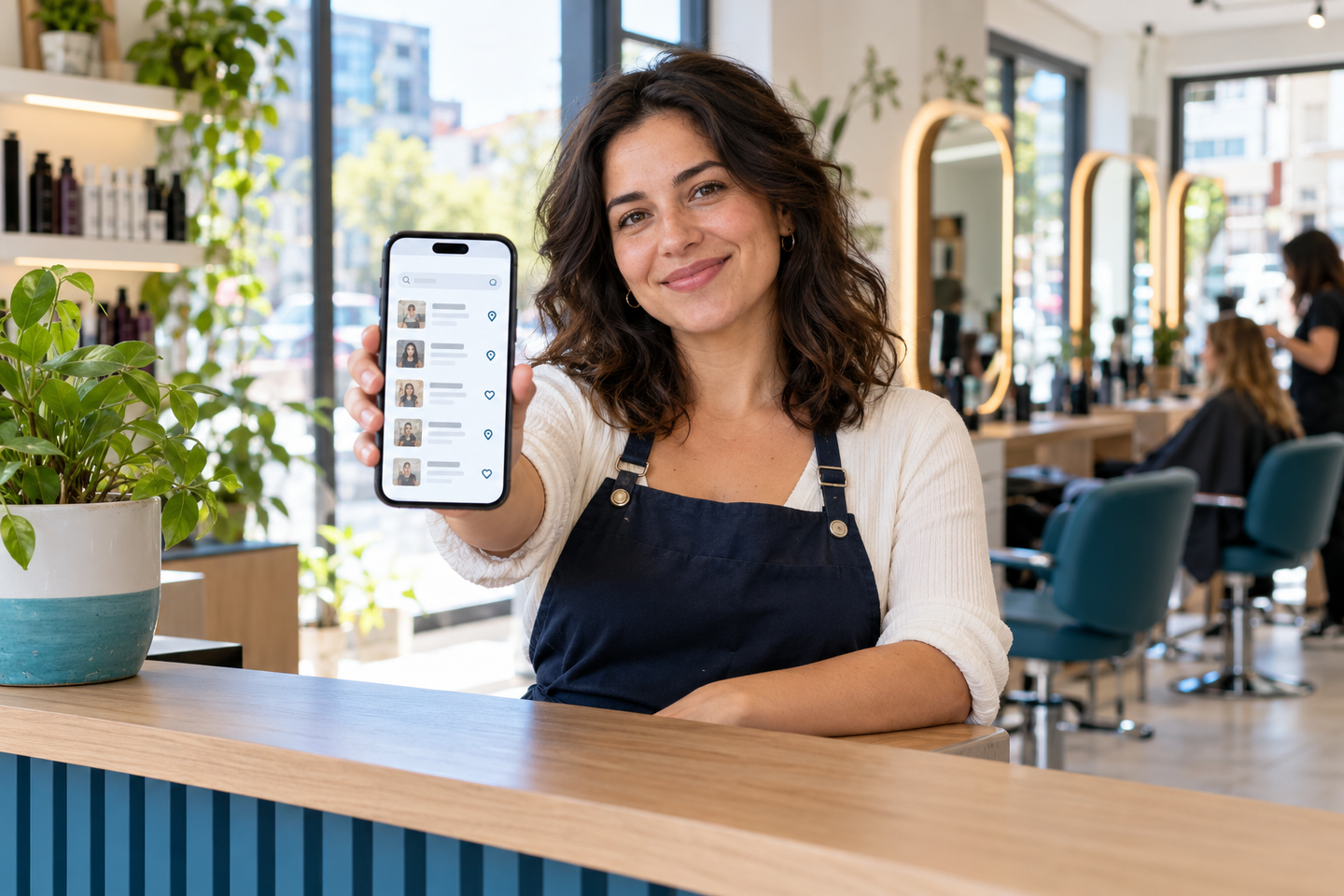 Estilista en la recepción de una peluquería mirando en su celular una lista de salones recomendados por un asistente de chat
