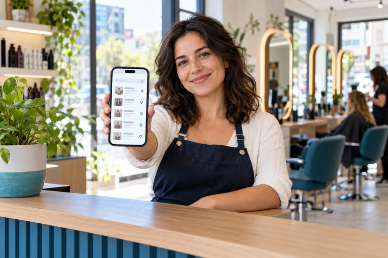 Estilista en la recepción de una peluquería mirando en su celular una lista de salones recomendados por un asistente de chat