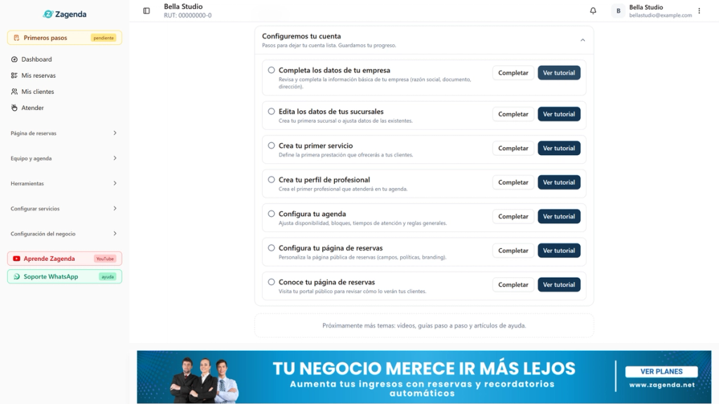 Categoría Configuremos tu cuenta destacada, con sus pasos y los botones Completar y Ver tutorial de cada uno.