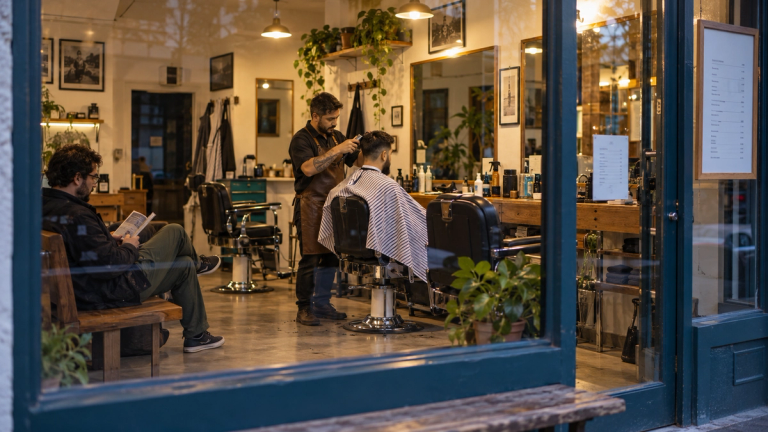 Vista desde la vereda de una barbería de barrio, con un barbero atendiendo, un cliente esperando y la lista de precios junto a la puerta