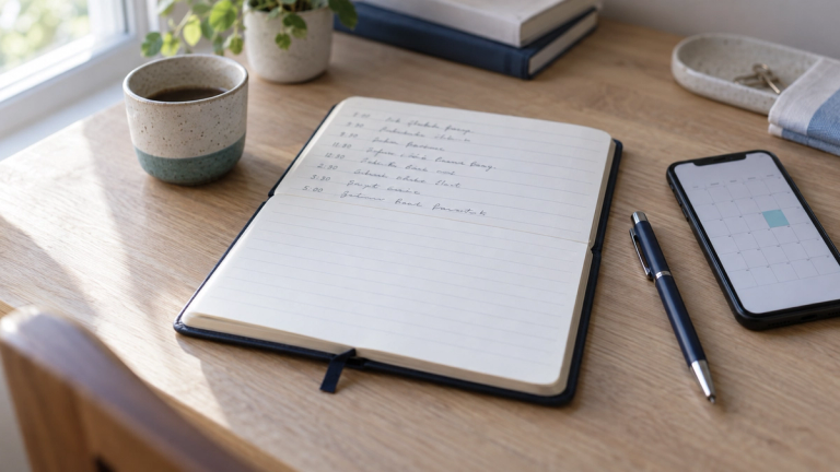 Cuaderno de citas abierto sobre un escritorio, con la mitad superior de la página escrita a mano y la mitad inferior en blanco, junto a un teléfono con un calendario vacío