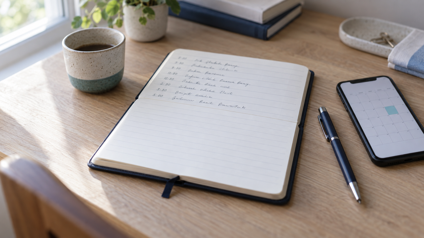 Cuaderno de citas abierto sobre un escritorio, con la mitad superior de la página escrita a mano y la mitad inferior en blanco, junto a un teléfono con un calendario vacío