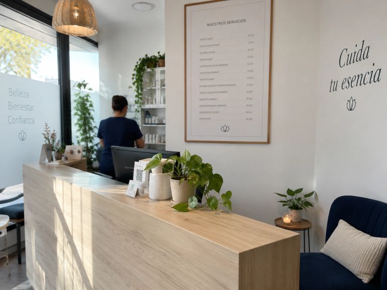 Recepción de un centro de estética con una lista de precios impresa y visible en la pared junto al mesón de atención