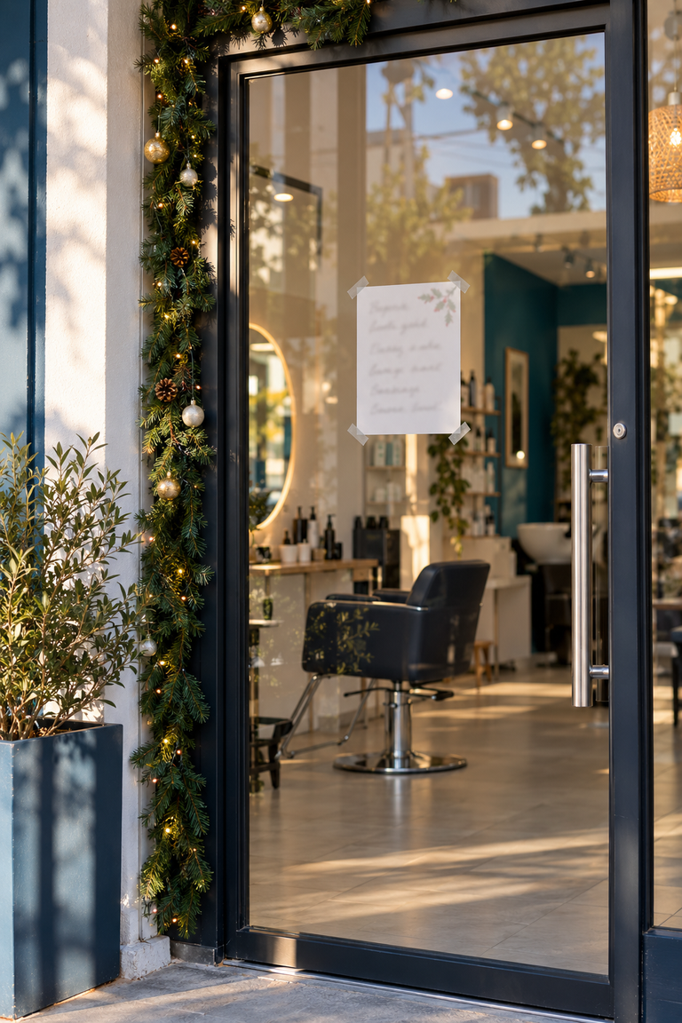 Puerta de vidrio de un salón pequeño con un letrero de horario de fin de año pegado y una guirnalda navideña, con un sillón vacío al fondo.