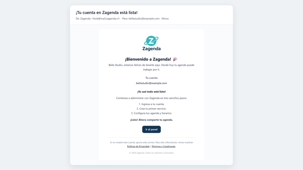 Correo de bienvenida de Zagenda con el botón Ir al panel destacado