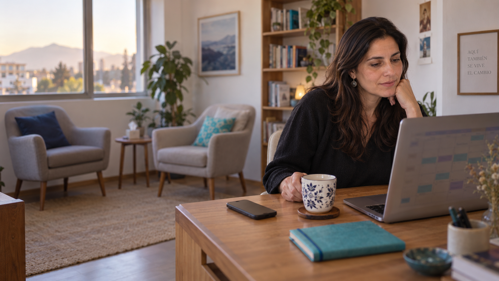 Psicóloga sentada en el escritorio de su consulta revisando una agenda semanal en su notebook, con una taza de té y el teléfono boca abajo; al fondo, dos sillones frente a frente.