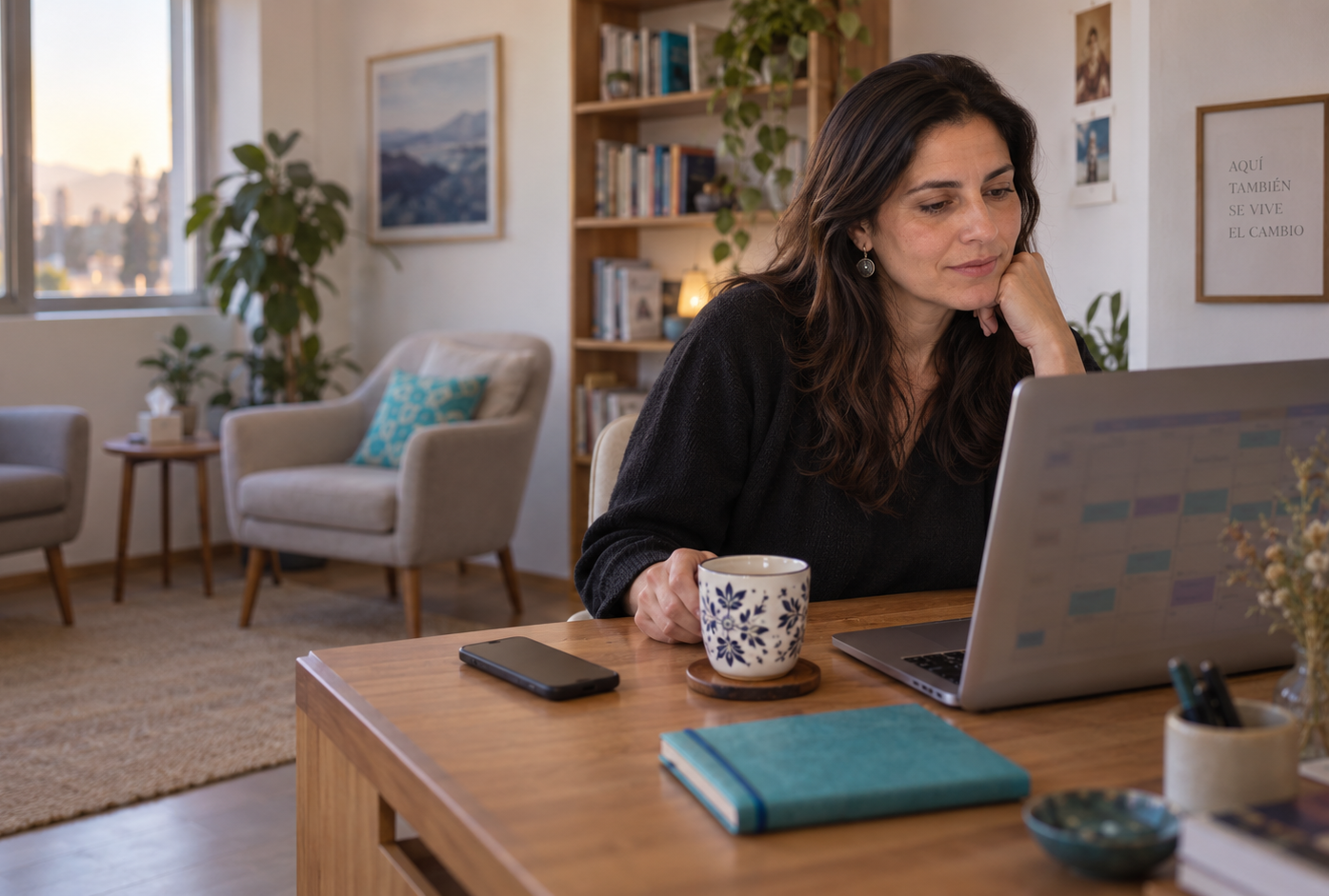 Psicóloga sentada en el escritorio de su consulta revisando una agenda semanal en su notebook, con una taza de té y el teléfono boca abajo; al fondo, dos sillones frente a frente.