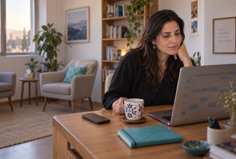 Psicóloga sentada en el escritorio de su consulta revisando una agenda semanal en su notebook, con una taza de té y el teléfono boca abajo; al fondo, dos sillones frente a frente.