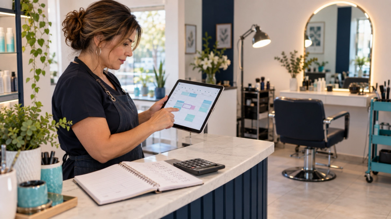 Dueña de un salón revisa en una tablet una agenda con un horario libre, junto a una libreta con cuentas y una calculadora, con un sillón vacío e iluminado al fondo.