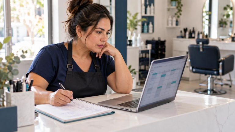 Dueña de un salón revisa en su notebook una planilla de clientes con dos columnas de fechas, junto a una libreta con un cálculo a mano.